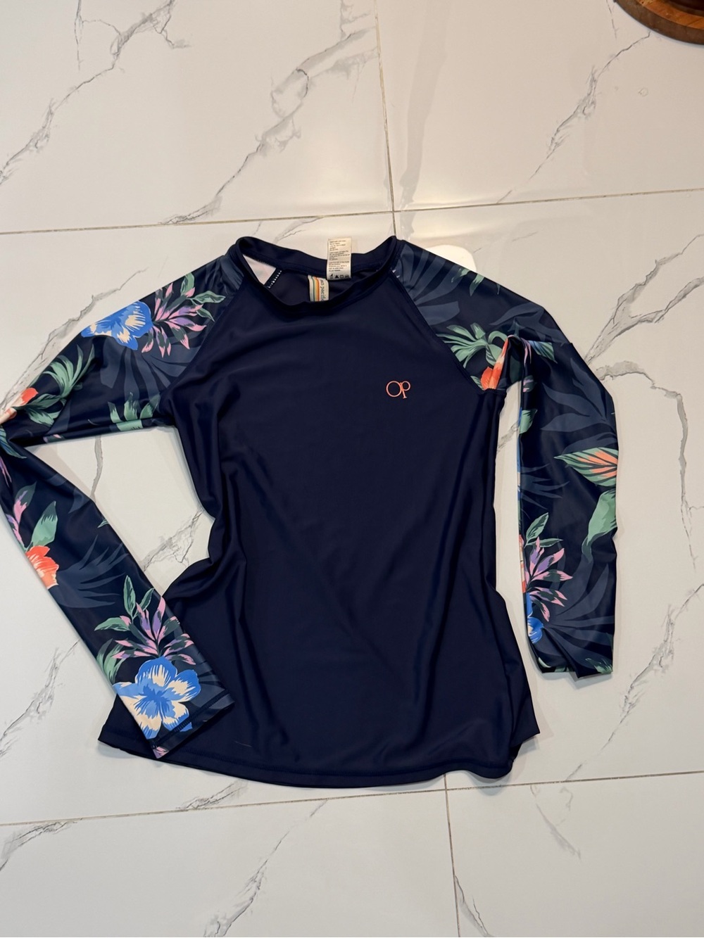 OP Navy Swim Rash Guard with Tropical Floral Sleeves